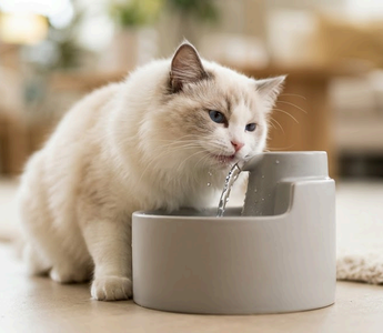 ラグドールが給水器で水を飲んでいる様子