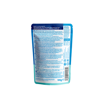 ミャオイングヘッズ 猫用パウチ サーフ&ターフ 商品パッケージ裏面 100g