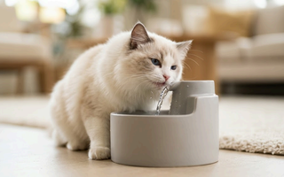 ラグドールが給水器で水を飲んでいる様子