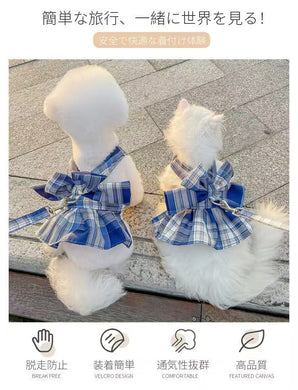 猫・小型犬用 チェック柄リボンハーネス ワンピース風 リード付き XS～L